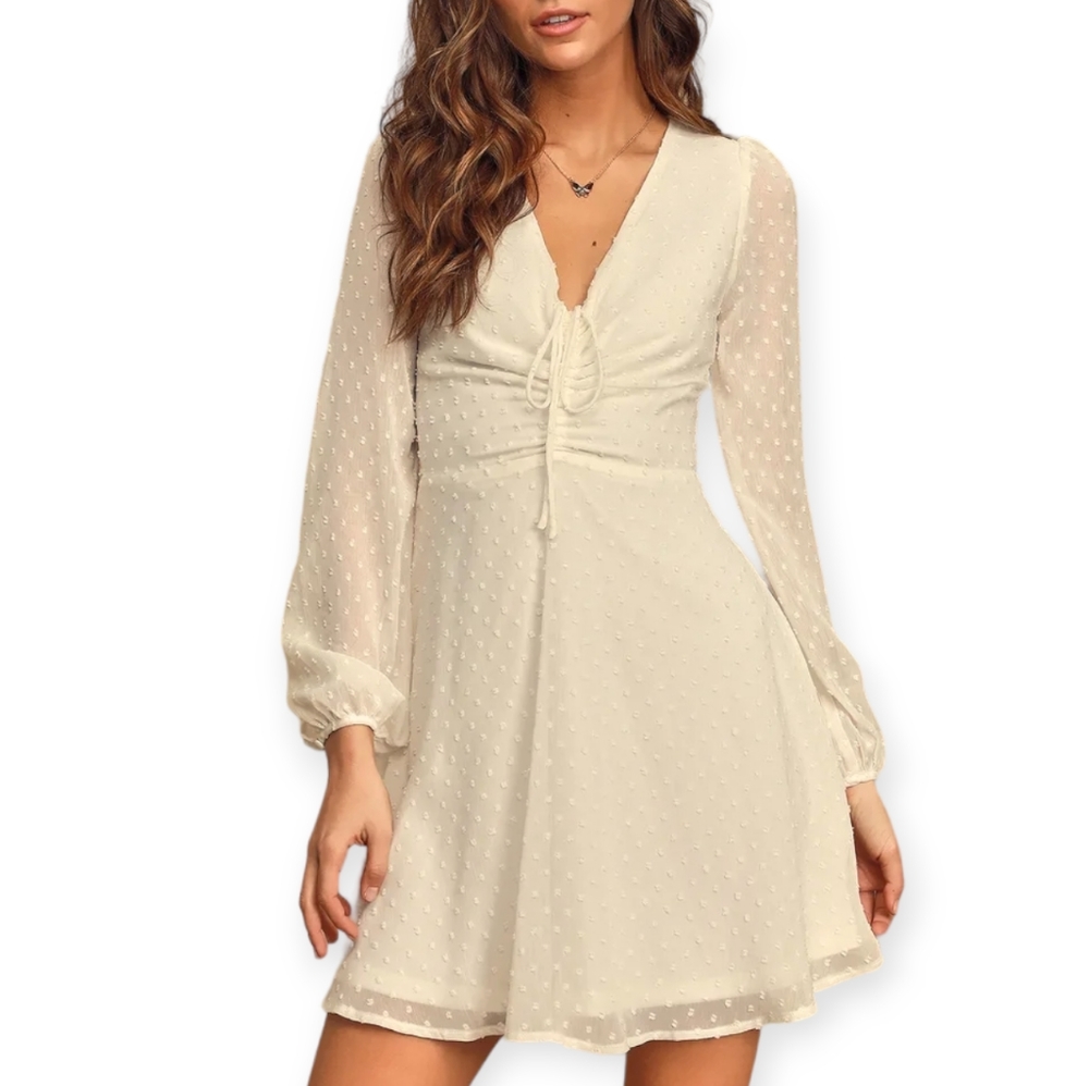 Sz S Wine and Dine White Swiss Dot Long Sleeve Skater Dress